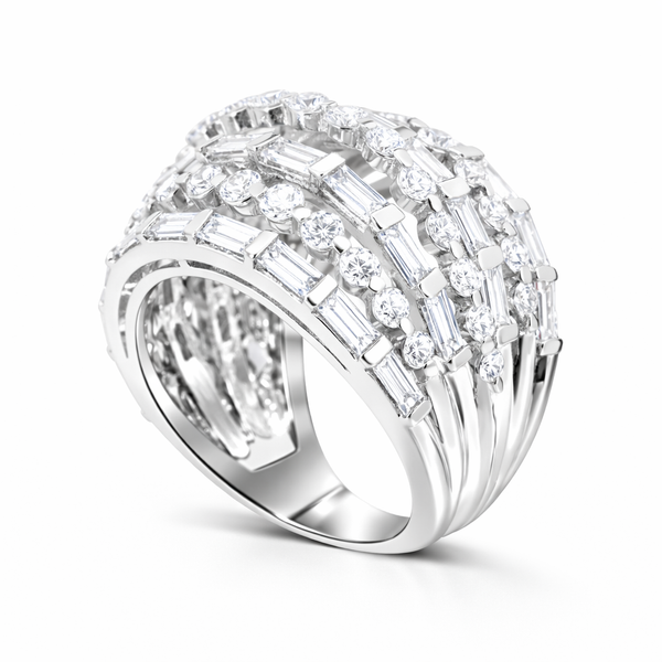 18K White Gold Round & Baguette 7-Row Diamond Ring (4.43 ct) - LA DIAMOND