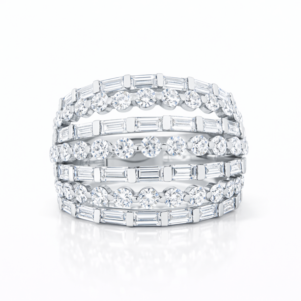 18K White Gold Round & Baguette 7-Row Diamond Ring (4.43 ct) - LA DIAMOND