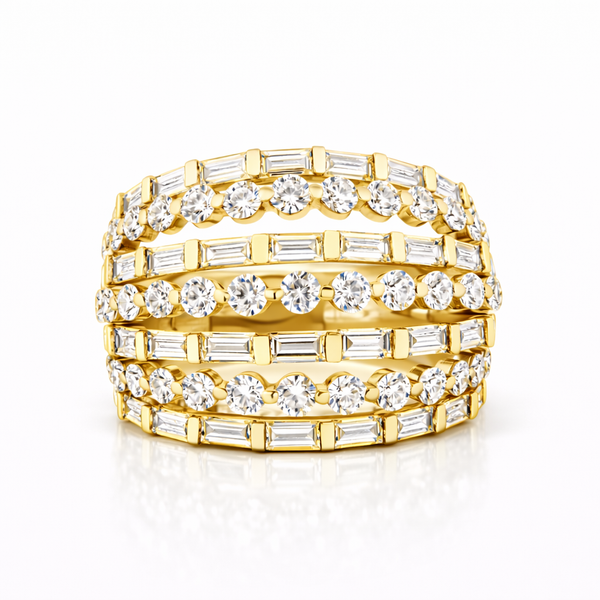 18K White Gold Round & Baguette 7-Row Diamond Ring (4.43 ct) - LA DIAMOND