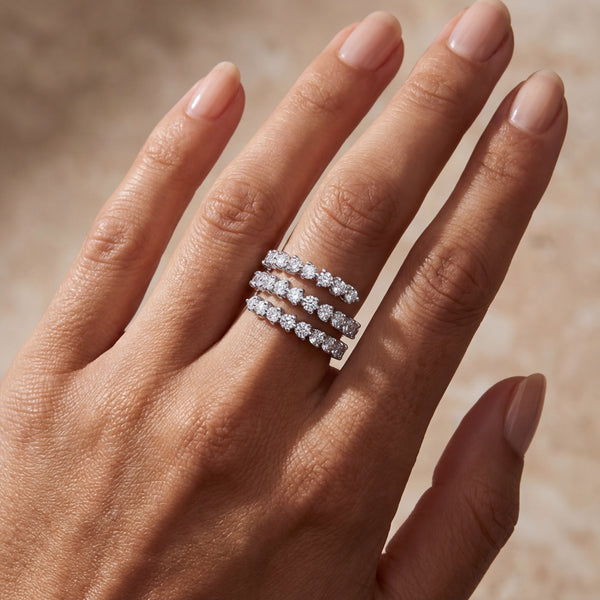 18K White Gold Triple Row Wrap-Around Natural Diamond Ring (2.00 ct T.W.) - LA DIAMOND