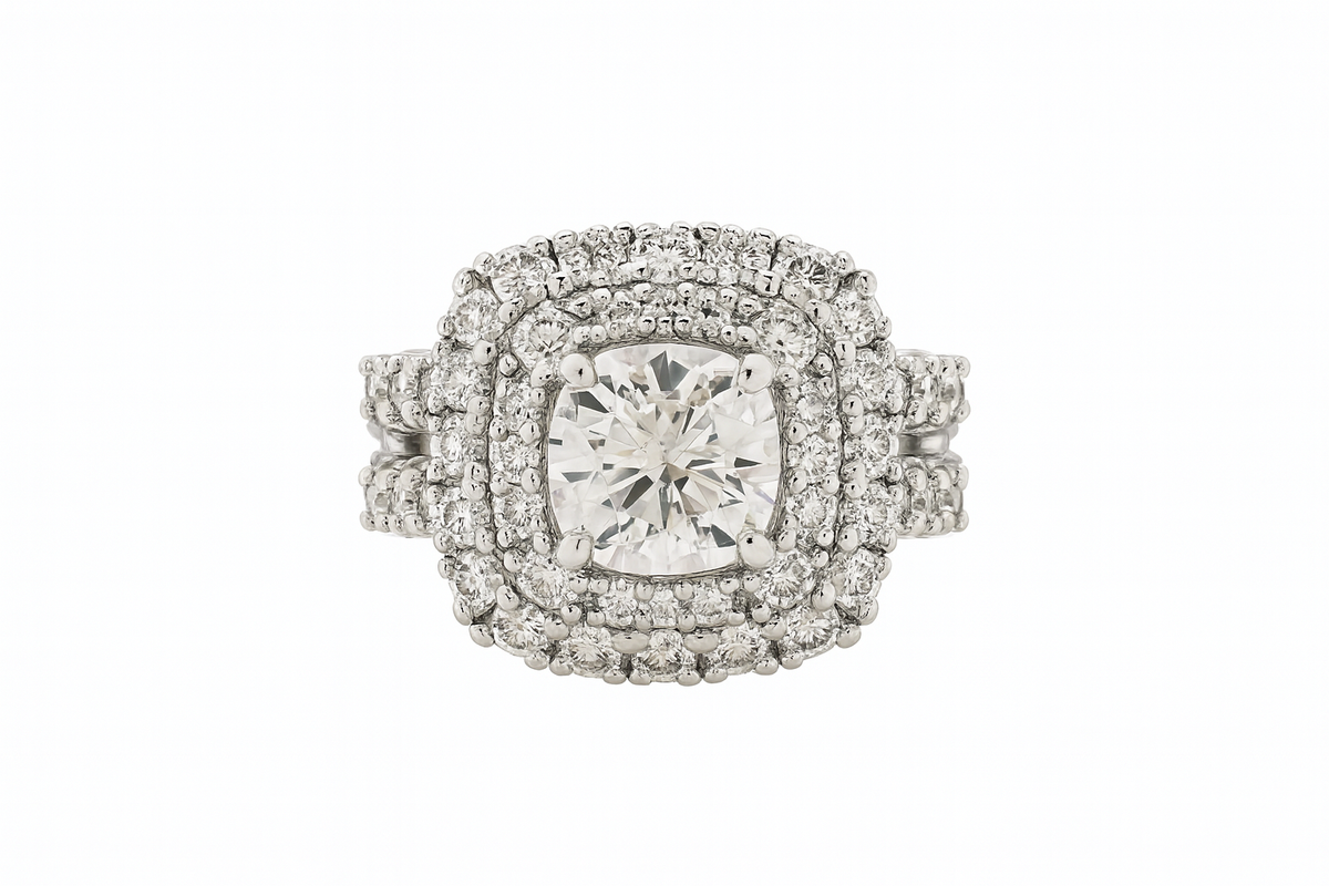 14k White Gold Diamond Double Halo Round Cut Engagement Ring