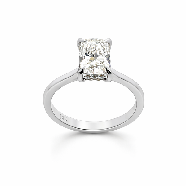 14K White Gold Solitaire Emerald Cut Diamond Ring with Hidden Halo – 1.50ct Center & 0.16ct Accents - LA DIAMOND