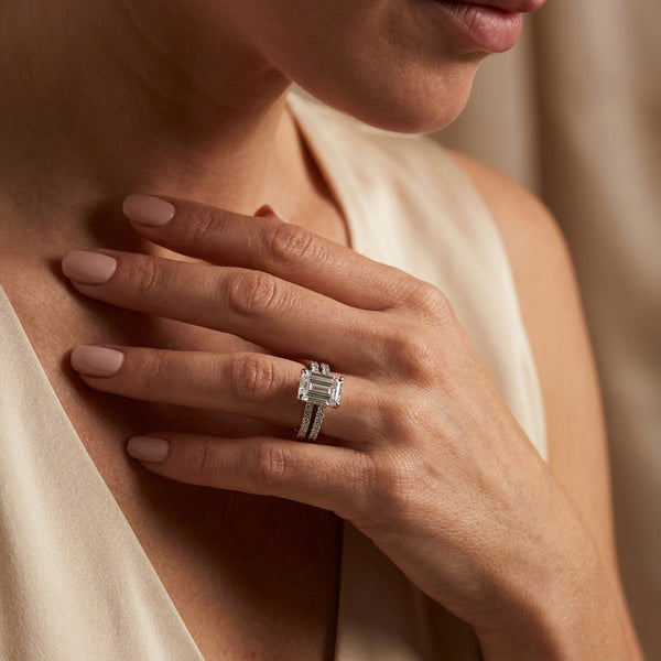 14K White Gold Emerald-Cut Solitaire Diamond Pavé Engagement Ring with Hidden Halo - SAW10004