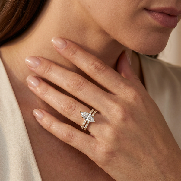 14K Gold Marquise Cut Solitaire Diamond Pavé Engagement Ring with Hidden Halo (1.50 ct) - SAW10007