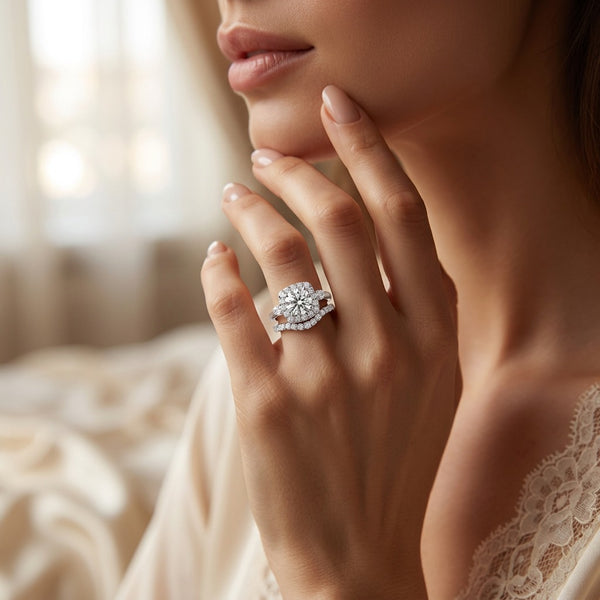 Round Cut Diamond with Square Halo Engagement Ring with Side Stones and Matching Band Bridal Set - Set on 14k Gold - SAW10010