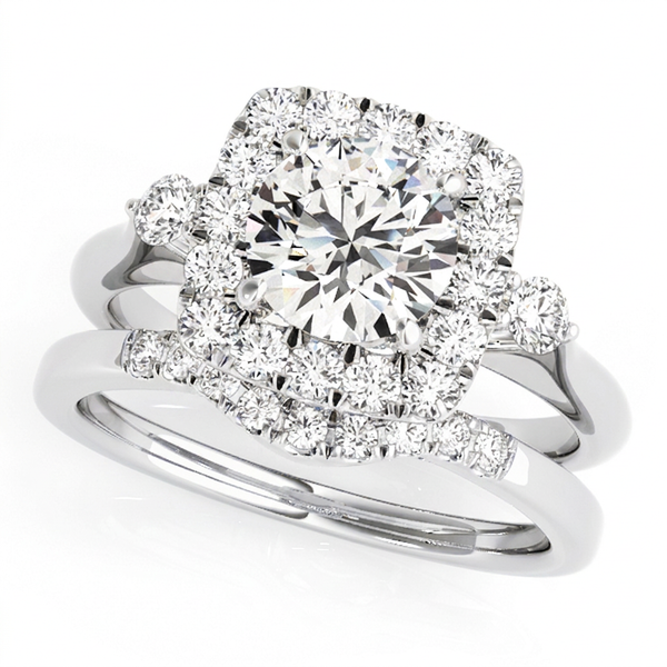 Round Cut Diamond with Square Halo Engagement Ring with Side Stones and Matching Band Bridal Set - Set on 14k Gold - SAW10010