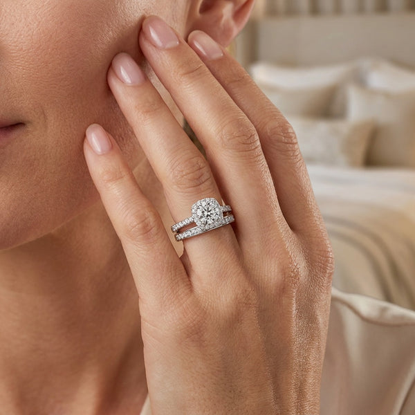 Round Cut Diamond Halo Engament Ring with Channel Setting and Matching Band - Set on 14k Gold - SAW10011