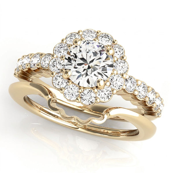Round Cut Diamond Halo Engagment Ring with Solid Matching Band - Set on 14k Gold - SAW10012