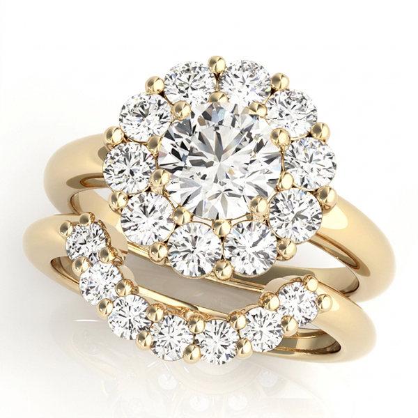 Flower Halo Round Cut Diamond Engagment Ring with Contour Pave Band - Set on 14k Gold - SAW10013