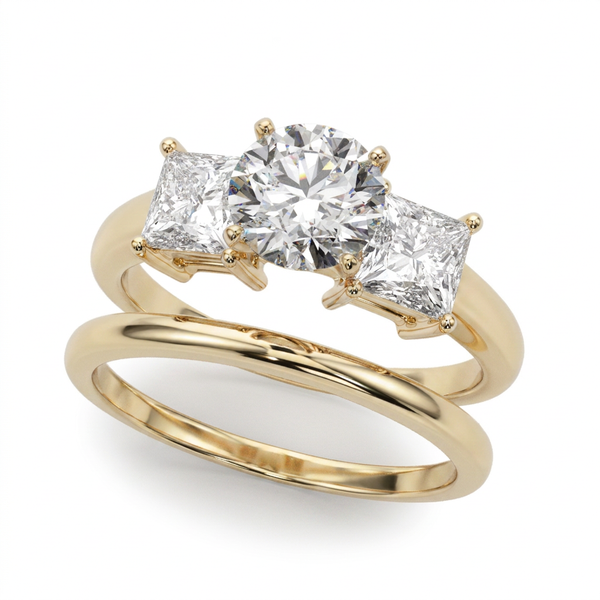 Classic Three Stone Engagment Ring with Round Diamond Center and Princess Cut Diamonds - SAW10016