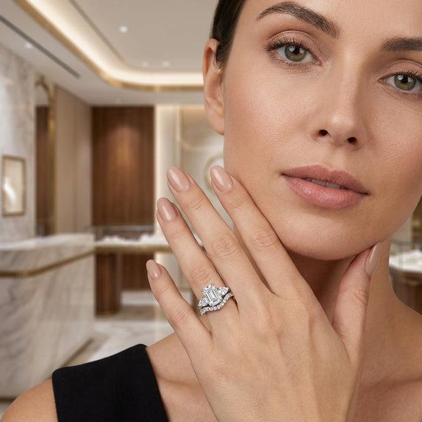 Emerald Cut and Pear Side Stone Diamond Engagement Ring Set on 14k Gold - SAW10020