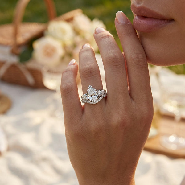 Pear Shaped Diamond Three Stone Engagement Ring - Set on 14k Gold - SAW10022