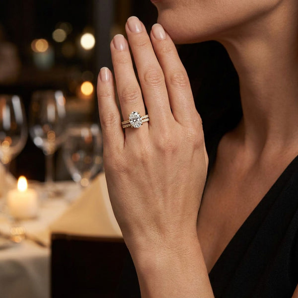 Oval Cut Solitaire Diamond With Hidden Bezel Setting and Pave Wedding Set - Set on 14k Gold - SAW10023