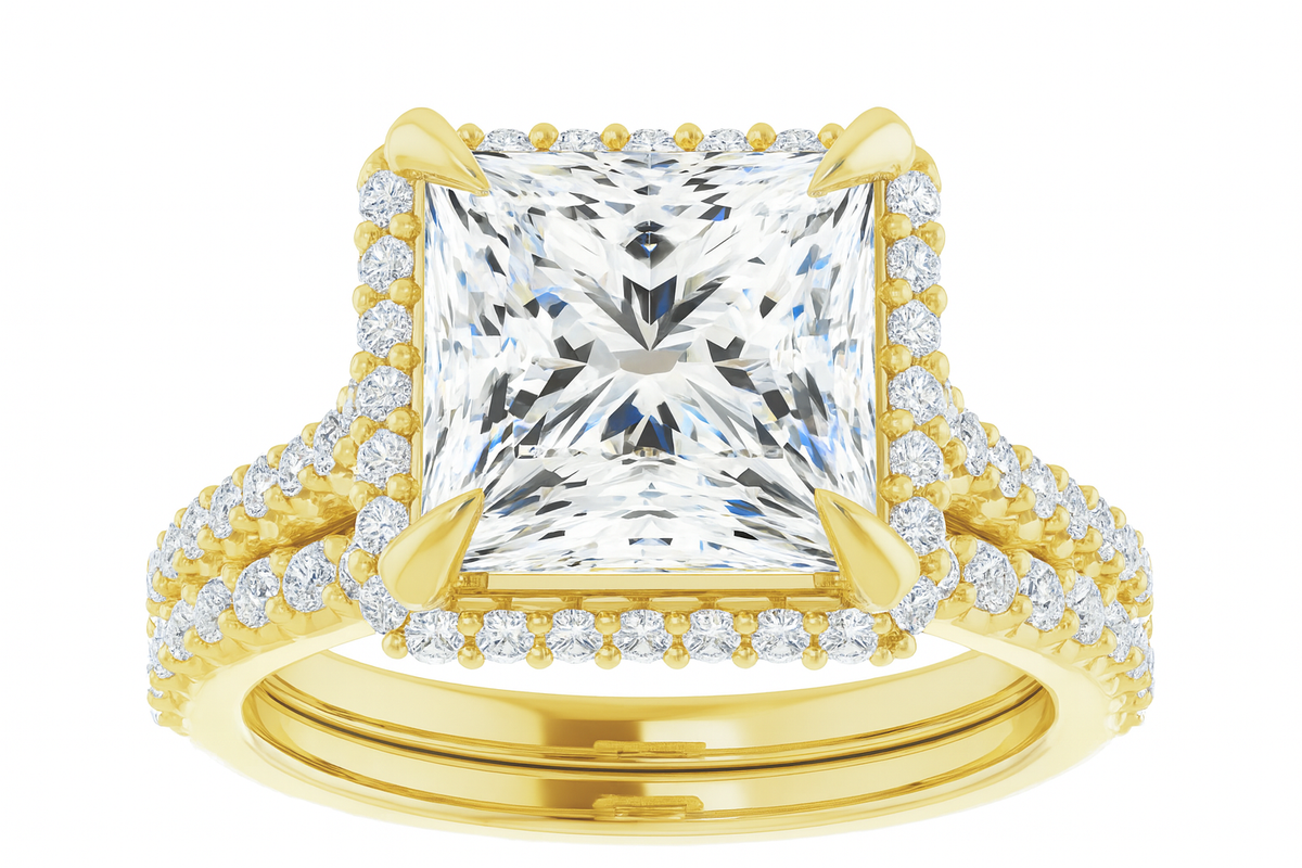 4CT Princess Cut Diamond Halo Engagement Ring with Matching Pave Band - Set on 14k Gold