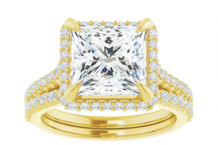 4CT Princess Cut Diamond Halo Engagement Ring with Matching Pave Band - Set on 14k Gold