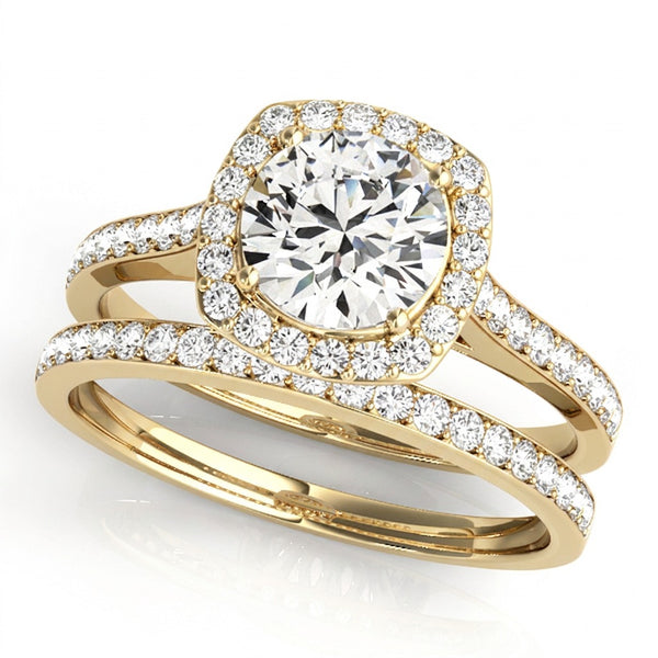 Round Cut Diamond Halo Engament Ring with Channel Setting and Matching Band - Set on 14k Gold - SAW10011