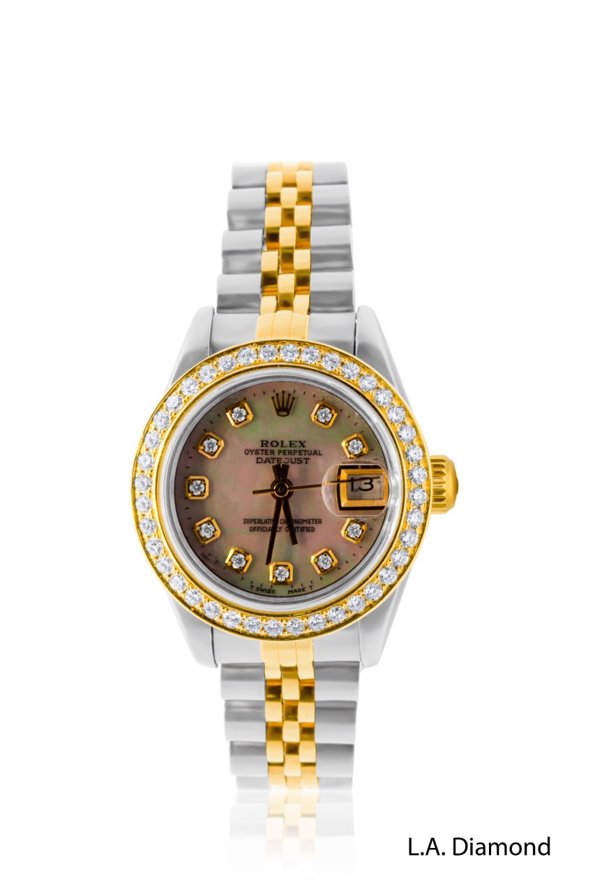 18K Yellow Gold Pre-Owned Rolex Oyster Perpetual Date Just with diamond dial & Diamond Bezel
