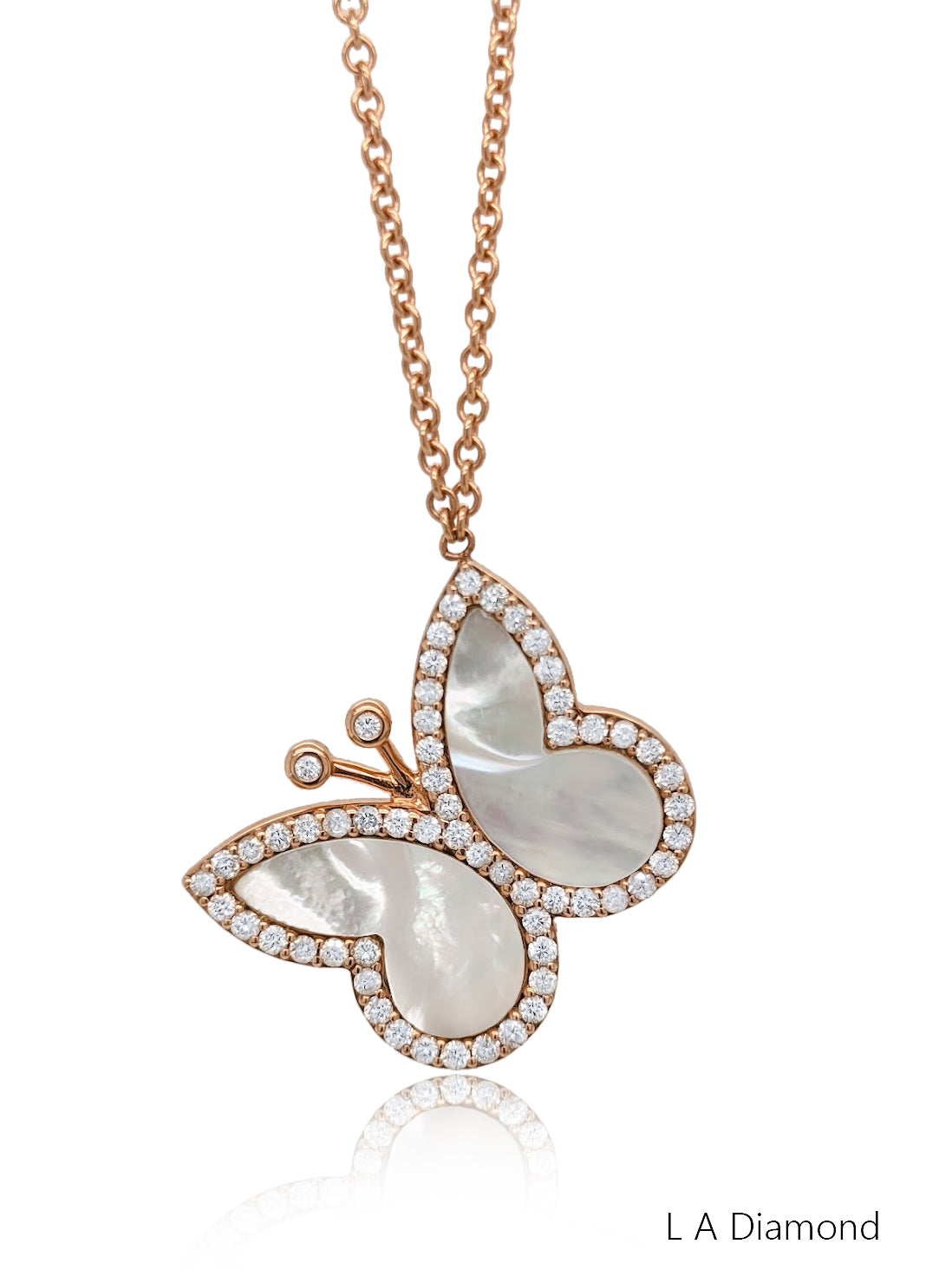 14K Rose Gold Diamond Butterfly Pendant with Mother of Pearl Wings (0.98 ct)