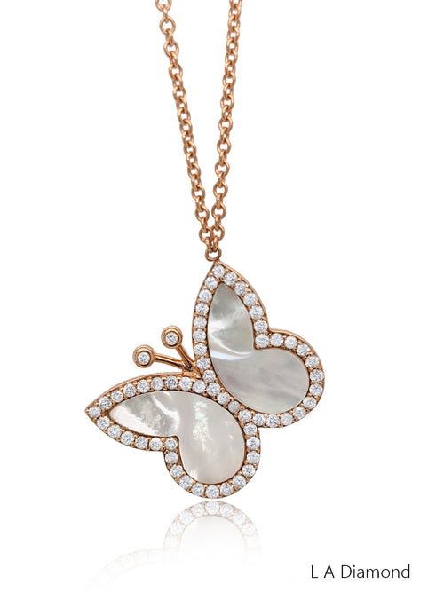 14K Rose Gold Diamond Butterfly Pendant with Mother of Pearl Wings (0.98 ct)