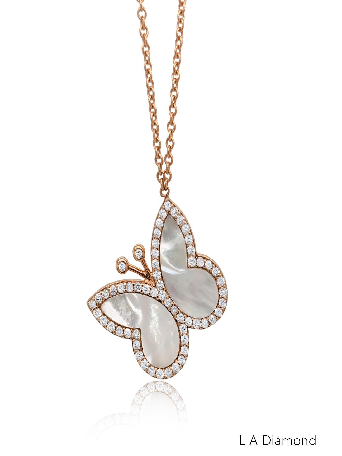 14K Rose Gold Diamond Butterfly Pendant with Mother of Pearl Wings (0.98 ct)