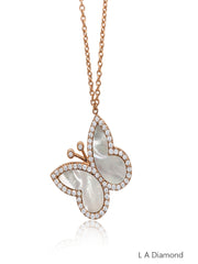14K Rose Gold Diamond Butterfly Pendant with Mother of Pearl Wings (0.98 ct)