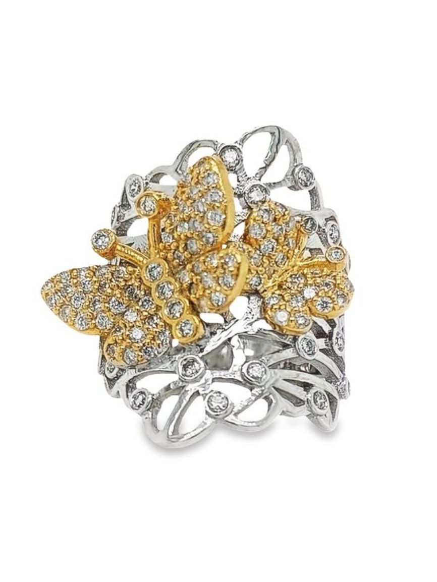 14K Two-Tone Butterfly Round Cut Diamond Ring (1.65 ct)