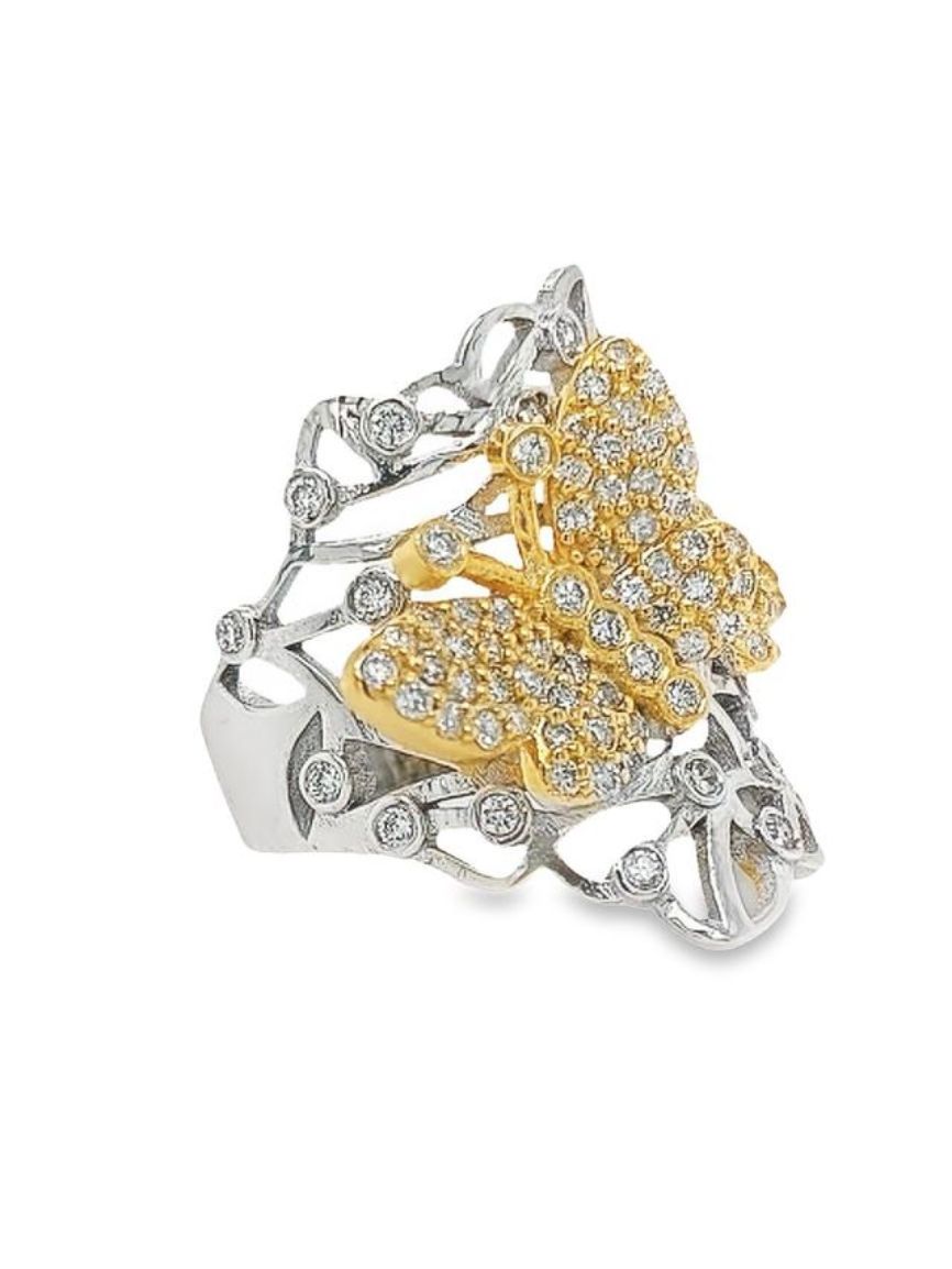 14K Two-Tone Butterfly Round Cut Diamond Ring (1.65 ct)