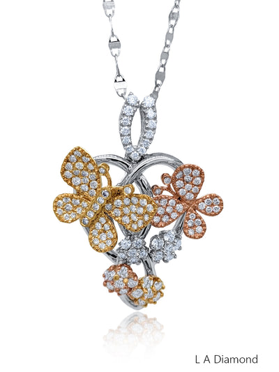 14K Two-Tone Round cut Diamond Butterfly Pendant w/ Chain (2.35 ct)