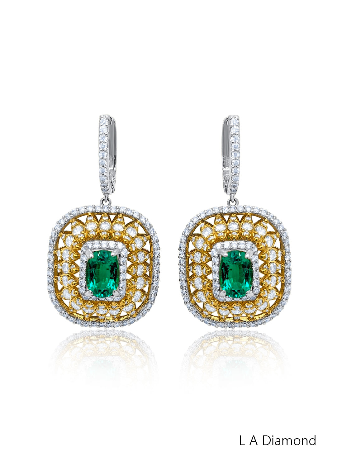 14K Two-Tone Diamond & Emerald Dangle Earrings (4.57 ct)