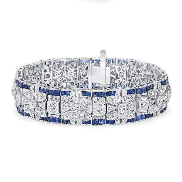 14K White Gold Blue Sapphire & Diamond Filigree Bracelet