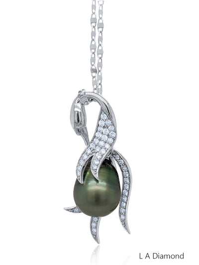 14K White Gold Diamond & Pearl Pendant (0.95 ct) - Swan Pendant
