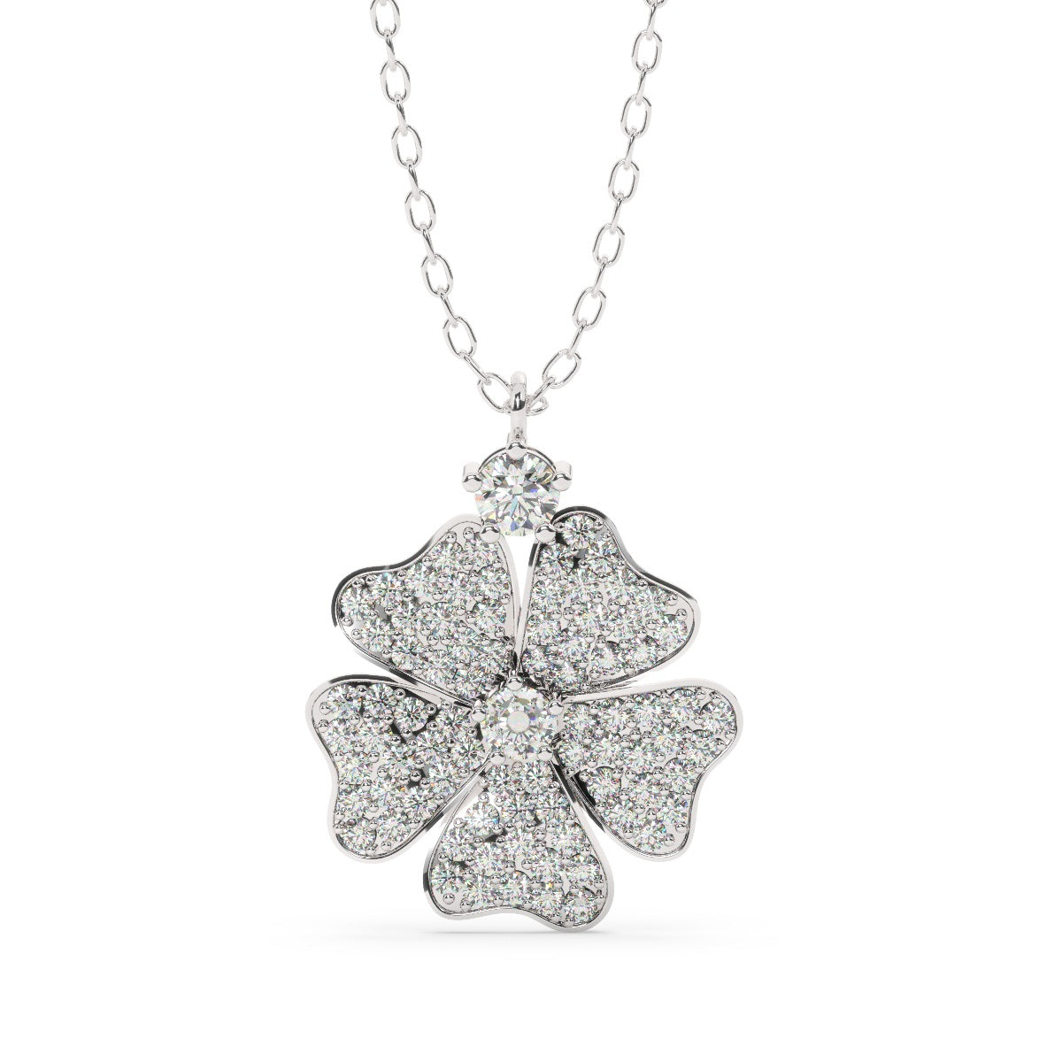14K White Gold Diamond Round-Cut Three-Flower Necklace (2.00 ctw)