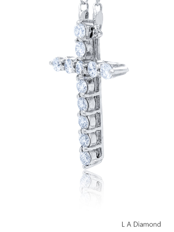14K White Gold Diamond Round Cut Classic Cross Necklace Pendant (0.83 ct)