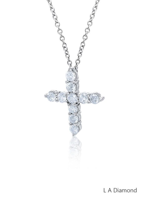 14K White Gold Diamond Round Cut Classic Cross Pendant (2.56 ct)
