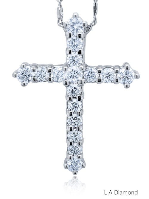 14K White Gold Diamond Round Cut Classic Cross Pendant (2 ct)