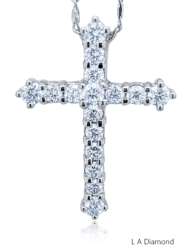 14K White Gold Diamond Round Cut Classic Cross Pendant (2 ct)