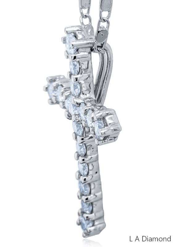 14K White Gold Diamond Round Cut Classic Cross Pendant (2 ct)