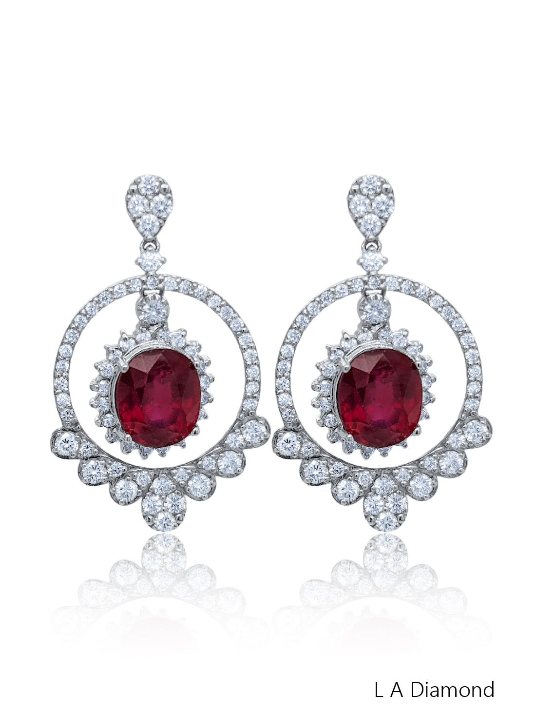 14K White Gold Diamond Round Cut Dangling Earring with Ruby 4.49c