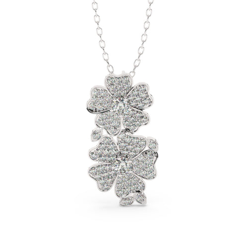 14K White Gold Diamond Round Cut Flower Pendant Necklace