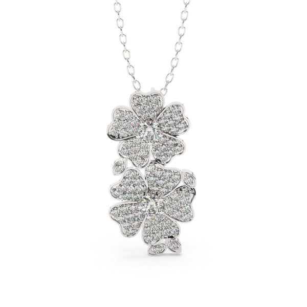 14K White Gold Diamond Round Cut Flower Pendant Necklace