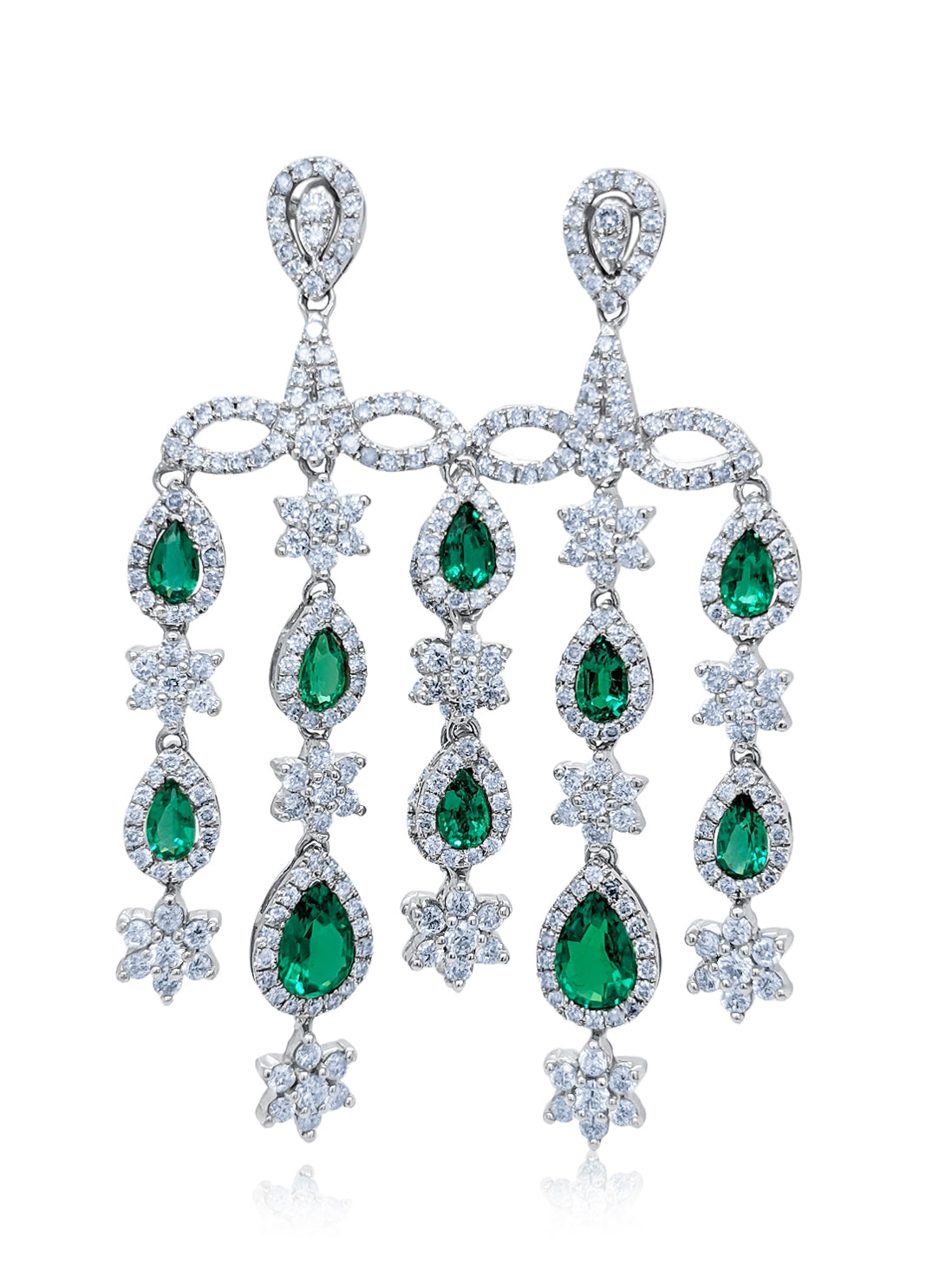 14K White Gold Diamond and Emerald Pear Cut Teardrop Earring (4.54 ct)