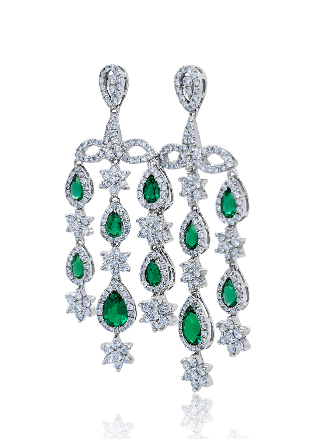 14K White Gold Diamond and Emerald Pear Cut Teardrop Earring (4.54 ct)