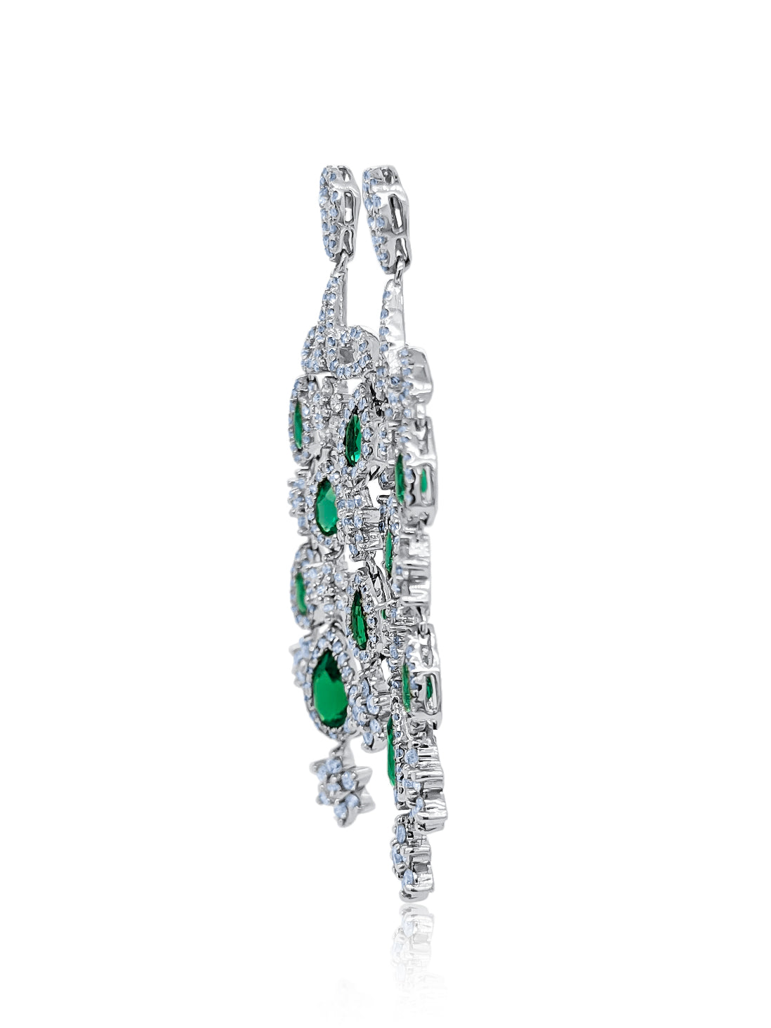 14K White Gold Diamond and Emerald Pear Cut Teardrop Earring (4.54 ct)