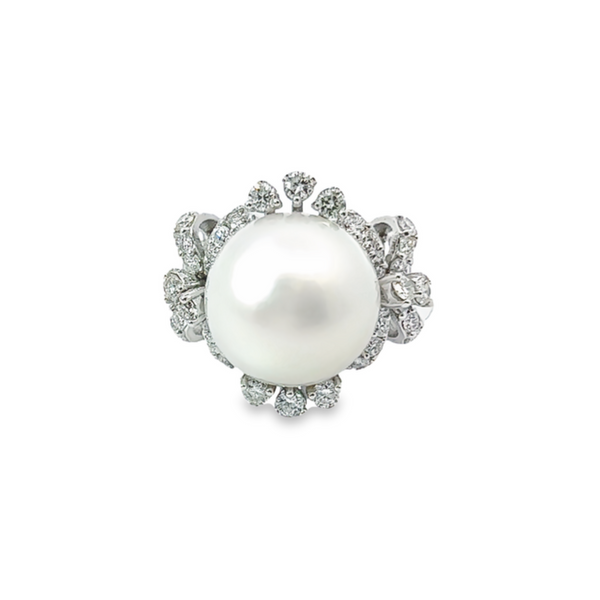 14K White Gold Diamond and Round Fresh Water Pearl Engagement Ring – 2.50ct