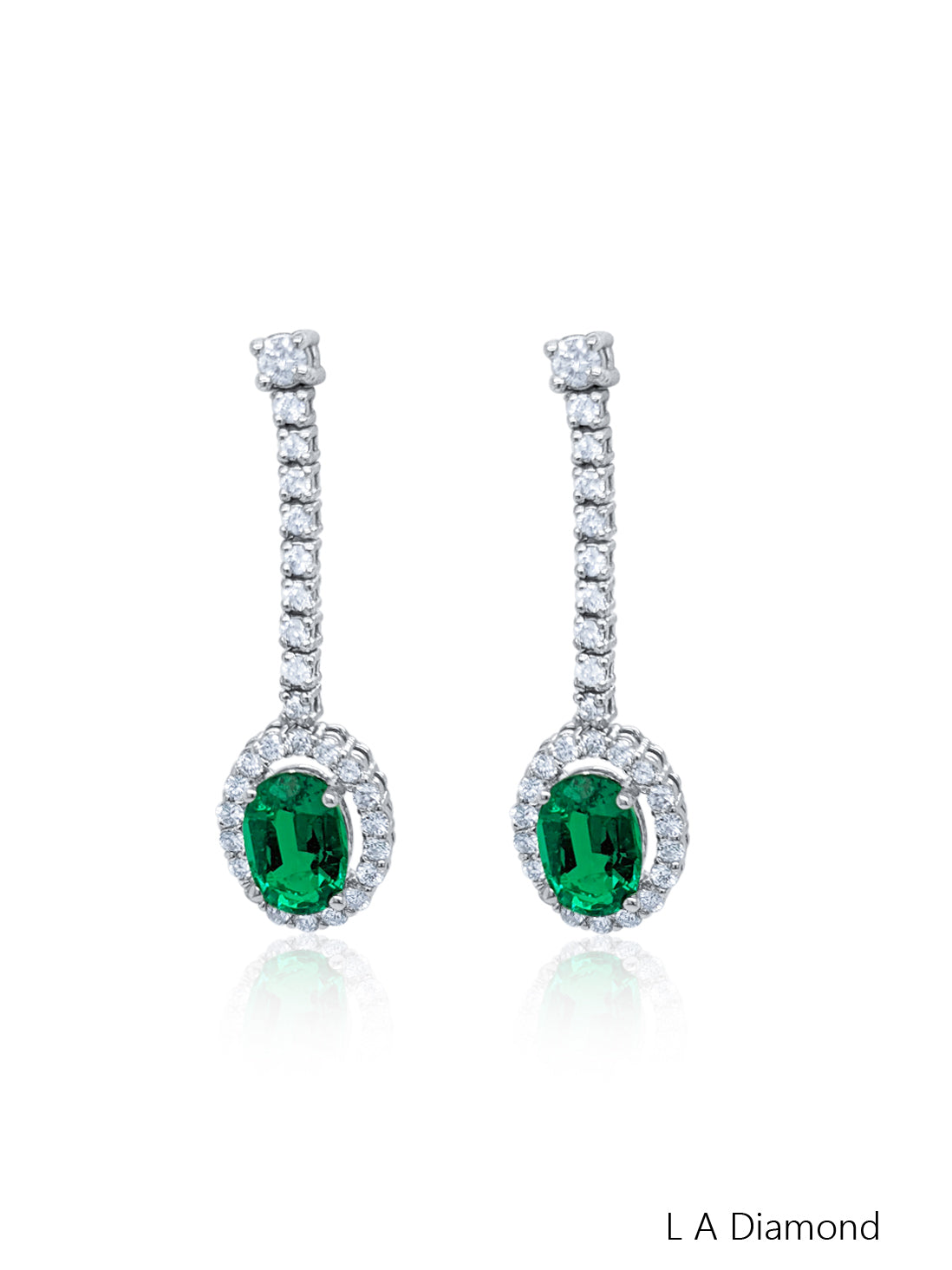 14K White Gold Emerald & Diamond Oval Cut Drop Earrings (1.42 ct)