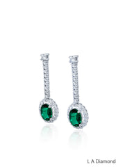 14K White Gold Emerald & Diamond Oval Cut Drop Earrings (1.42 ct)