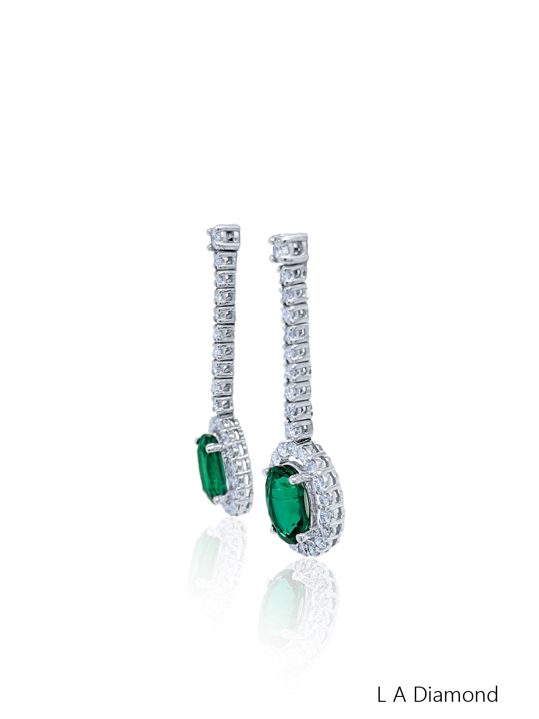 14K White Gold Emerald & Diamond Oval Cut Drop Earrings (1.42 ct)