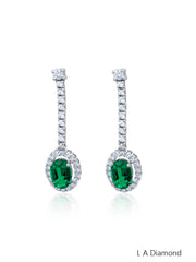 14K White Gold Emerald & Diamond Oval Cut Drop Earrings (1.42 ct)