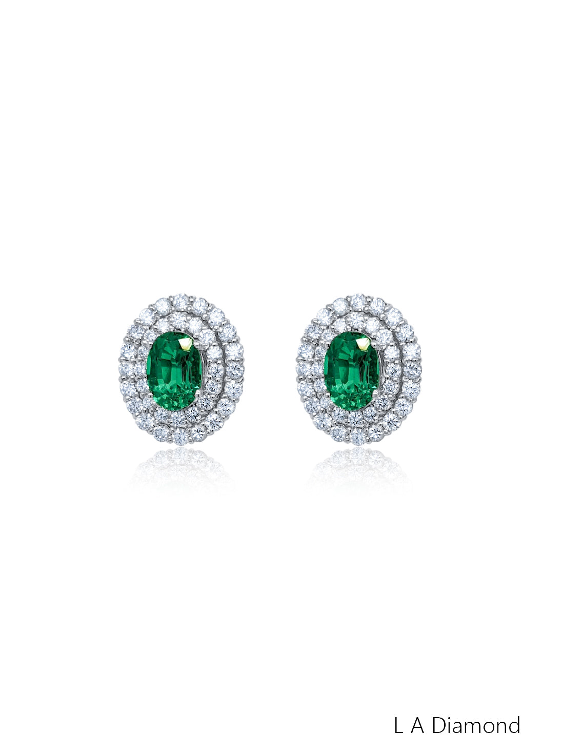14K White Gold Emerald & Diamond Oval Cut Stud Earrings