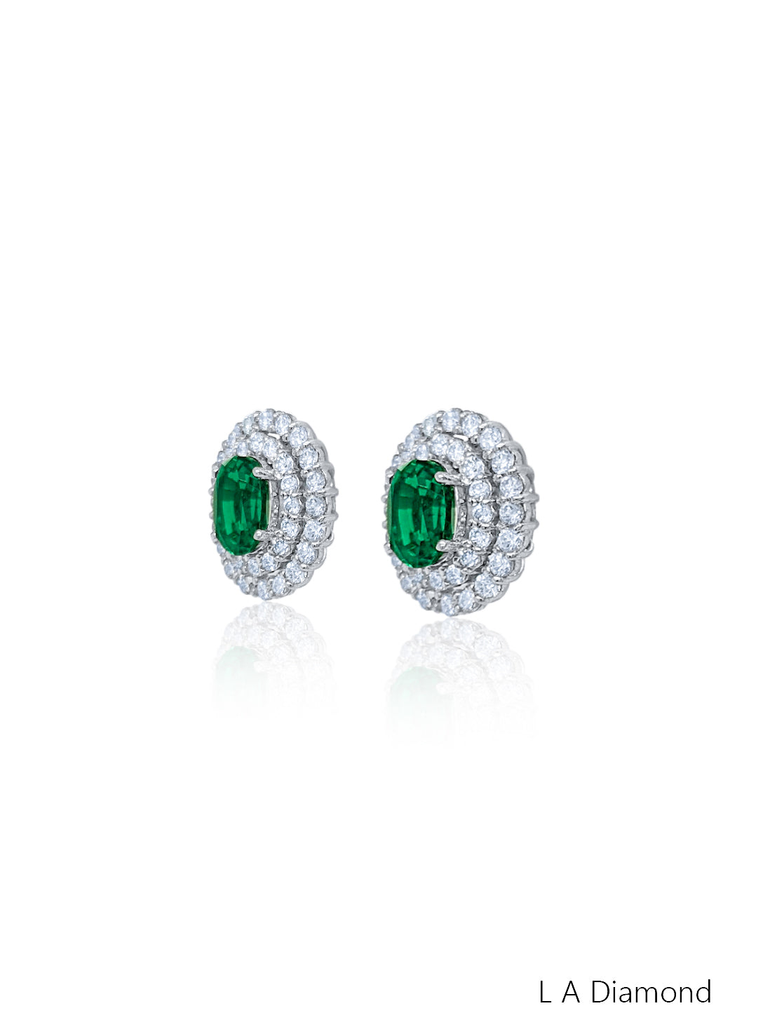 14K White Gold Emerald & Diamond Oval Cut Stud Earrings